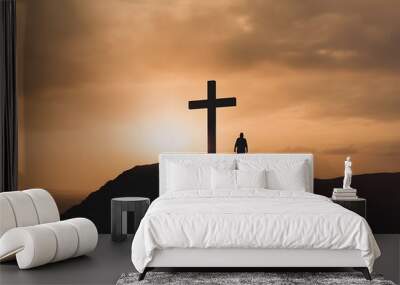 Glorious Awakening: Symbolic Cross at Sunrise, Signifying Resurrection Wall mural