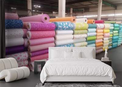 A vibrant display of rolled fabrics in various colors and patterns, neatly arranged in a warehouse setting. Wall mural