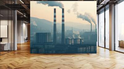 The image depicts industrial smokestacks emitting smoke against a hazy backdrop, showcasing pollution and urban development. Wall mural