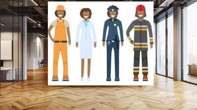 Character doctor, policeman, worker, firefighter standing isolated on white, flat vector illustration. Human female important professional activity, smiling people. Wall mural