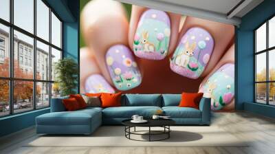 A close-up of an Easter-themed nail art design, featuring pastel polishes and tiny egg and bunny decals Wall mural