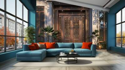 A main door design inspired by cultural influences from around the world, featuring intricate patterns or symbolic motifs that reflect the homeowners' heritage and global perspective in Wall mural