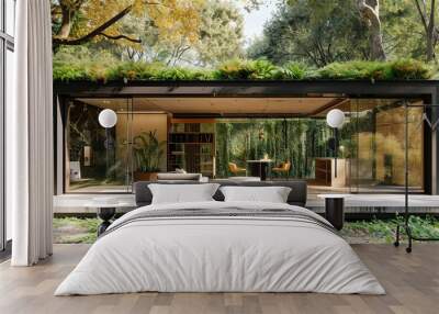 A minimalist craft house with a living roof garden and glass walls. Wall mural