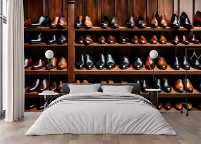 A row of elegant, handcrafted leather shoes displayed on a polished wooden shelf. Wall mural