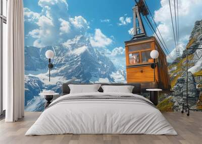 An antique cable car ascending a steep mountain slope, its wooden interior and brass fittings transporting passengers through the scenic alpine landscape as it climbs toward the summit. Wall mural