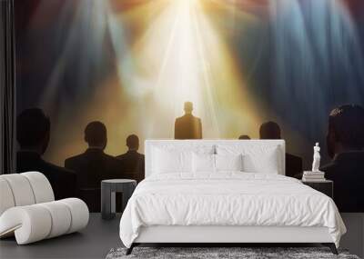 An image of a candidate standing before a panel of interviewers, with subtle light rays shining down on them, indicating their strong candidacy. Wall mural