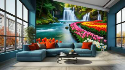 waterfall in the park Generated Ai Wall mural