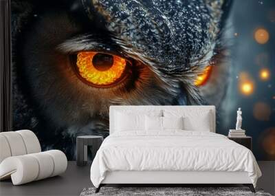 a Evil eyes represented by a majestic owl with intense, glowing eyes and dark, mystical surroundings. Wall mural