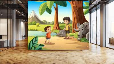 A Cute Kid Character with his friend, cute elephants  in the Jungle, Exploring Wildlife, children's animated films, children's story, kid story, 4k, animal wallpaper, pet background, AI Wall mural