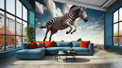 A zebra  jump high enjoying nature, in the sight of a desert, hot Atmosphere and a bright Sky in the background, Children's Story, Kid zebra, blur, 4K, Animal Wallpaper, wildlife Background, AI Wall mural