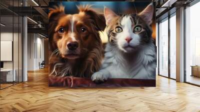 Portrait of Happy dog and cat that looking at the camera together isolated on transparent background, friendship between dog and cat, amazing friendliness of the pets. Wall mural