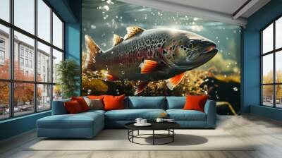 rainbow trout fish jumping out of river water Wall mural