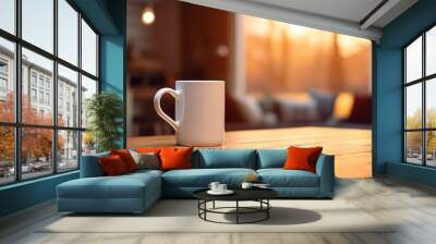 white mug of beverage placed on wooden dining table with chair in cozy room with blurred background at home Wall mural