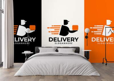 Delivery  Logo designs Template. Illustration vector graphic of  delivery man courier holding  box  logo design concept. Perfect for business logotype,Delivery service, Delivery express logo design.   Wall mural