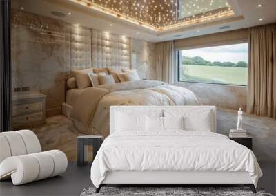  A luxury guest room with elegant furnishings, subtle golden lighting, and a window view of a historic town. Wall mural