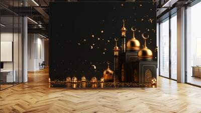 3D rendering Ramadan Moon and Golden flat color islamic mosque building design, black gift box background . Wall mural