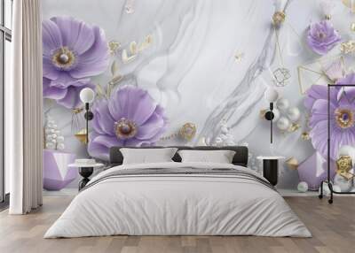 3D wallpaper mural design with purple flowers, gold jewelry accents, and pearls on a white marble background with geometric objects, bringing more light. Wall mural