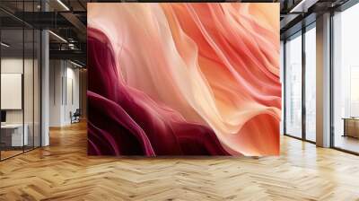 A flow art image close-up featuring a deep burgundy blending into a peach pink from the bottom left to the top right, with subtle hints of cream swirling through. Wall mural