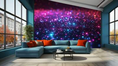 A lively and energetic background consisting of neon bright dots on a dark, nearly black surface, mimicking the effect of a starry night sky but with a modern, neon twist. Wall mural