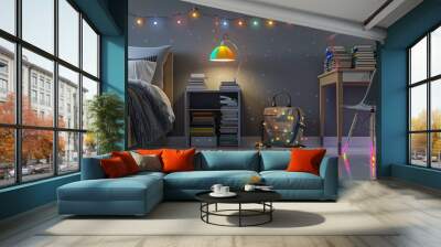 A modern teenager's room with a fashionable lamp on the bedside table, a desk with stacks of books, and a school bag on the chair. The floor is immaculate, and the bed is adorned with colorful lights. Wall mural