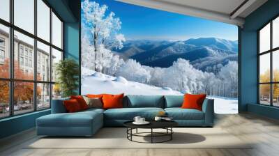 A serene and frosty winter panorama of the Blue Ridge Mountains just after a snowfall, the fresh snow reflecting the bright blue of the clear sky, creating a crisp and invigorating winter scene. Wall mural