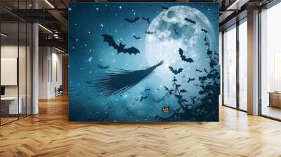 A shadowy outline of a witch's broom sweeping through the air under a full moon, with bats fluttering around in a starry Halloween night sky. The scene captures the essence of a magical flight. Wall mural