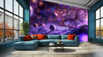 A surreal butterfly with wings that resemble the night sky, flying through a space filled with cosmic purple glitter and distant bokeh planets, blending nature with the universe Wall mural