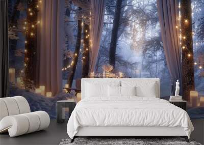 A winter wonderland dinner scene in the woods, with a table surrounded by snow-laden trees, white curtains, soft glowing candles. Wall mural