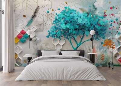 Abstract scene with a turquoise tree against a vibrant hexagon and feather-detailed backdrop. Wall mural