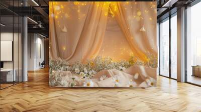 beautiful background with curtains and golden lights and white flowers  Wall mural