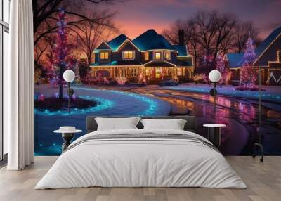 beautifully decorated house with colorful lights for valentine day generated y AI tool Wall mural