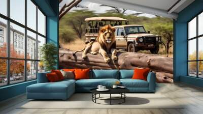 lion  in the sand with jeep Wall mural