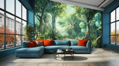 Magical woods with liquid tree forms, hexagonal glades, a fairy butterfly, enchanted compass, and mystical balloons. Wall mural