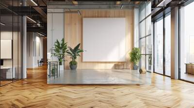 Office with blank feature wall, warm morning rays lighting up the room. Wall mural