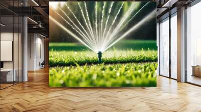 sprinkler spraying water on green grass Wall mural