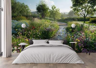 The tranquil sight of a garden from a luxury room, where a gentle stream flows through the landscape, bordered by wildflowers and soft grasses. Wall mural