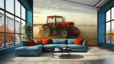 tractor idle in field with fog rising around. Wall mural