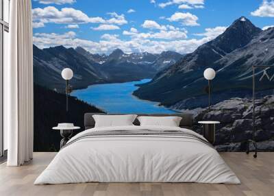 Vacation travel in Canadian Rockies in summer. Woman   on mountain top above Spray lake. Popular West Wind Tower hiking trail. Canmore. Kananaskis. Alberta. Canada. Wall mural