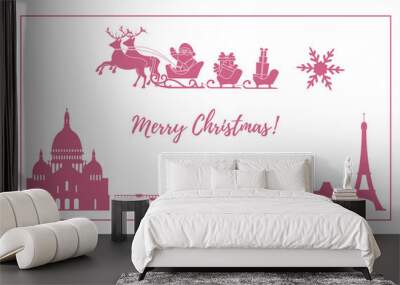 Santa Claus in sleigh with deers flying over Paris Wall mural