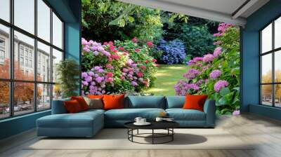 Beautiful garden with hydrangeas in Brittany Wall mural