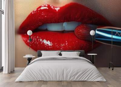 A close-up of vibrant red lips being carefully applied with a makeup brush, showcasing beauty and elegance. Wall mural