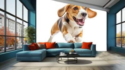 A joyful beagle dog leaping in mid-air, showcasing its playful spirit and energy. Perfect for animal and pet themes. Wall mural