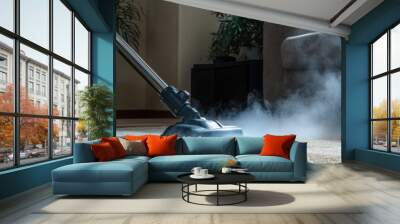 A person using a vacuum cleaner on a carpet, demonstrating effective cleaning with steam in a modern living room environment. Wall mural