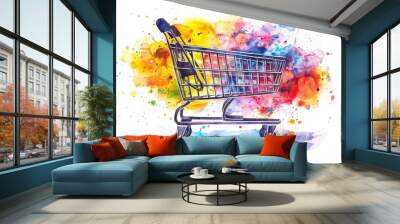 Artistic watercolor painting of a shopping cart on a colorful abstract background, symbolizing retail and consumerism. Wall mural