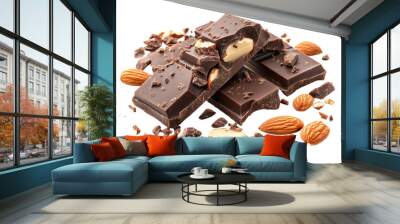 Delicious dark chocolate bar with almond pieces, surrounded by crushed nuts, perfect for desserts and sweet treats. Wall mural