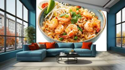 Delicious shrimp noodles served in a bowl, garnished with lime and green onion for a vibrant, appetizing meal. Wall mural