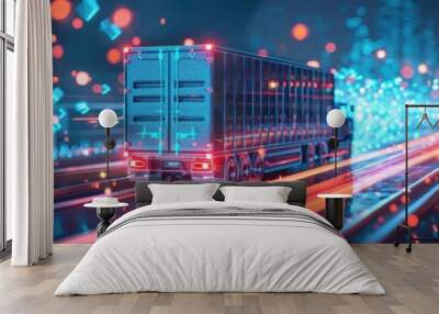 Dynamic night scene of a truck on a brightly lit highway, showcasing motion blur and vibrant city lights. Wall mural