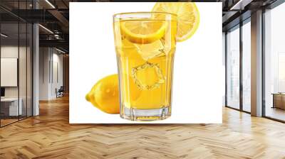 Refreshing lemon drink in a glass, garnished with lemon slices and ice cubes, perfect for summer moments. Wall mural