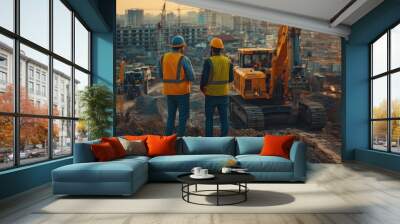 Two construction workers observe an excavator at a building site during sunset, showcasing teamwork and industry progress. Wall mural