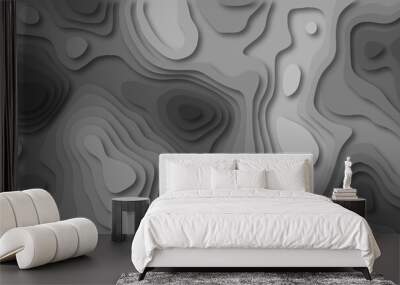 Abstract paper cut style design. Geometric layered curve line grey white vector, realistic papercut decoration textured with wavy layers. 3d topography relief. Vector topographic illustration Wall mural